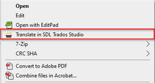 Windows Explorer context menu with 'Translate in SDL Trados Studio' option highlighted.