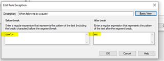 Screenshot of Trados Studio's 'Edit Rule Exception' dialog box in BASIC view where the user has entered 'XXXXX' in both 'Before break' and 'After break' fields with 'regular expression' checked.