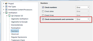 QA Checker 3.0 settings in SDL Trados Studio with 'Check measurements and currencies' set to 'Error'.