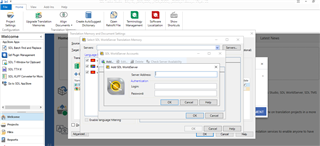 Trados Studio interface with an 'Add SDL WorldServer Account' dialog box open, showing fields for Server Address, Username, and Password with a warning icon indicating missing information.