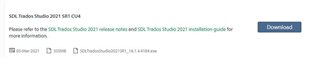 Trados Studio account page displaying available build SDL Trados Studio 2021 SR2 CU4 with a 'Download' button, suggesting an update is available.
