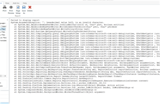 Screenshot of Trados Studio displaying an error message in the Verify Files Report, with multiple lines of code and a warning symbol visible.