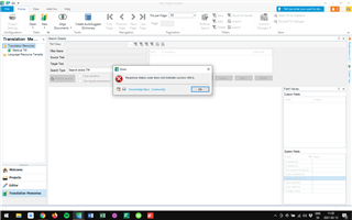 Trados Studio error message dialog box displaying 'Response status code does not indicate success: 404' with an 'OK' button.