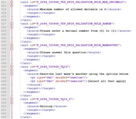 Screenshot of Trados Studio showing XML code with segments and validation rule warnings for maximum decimal numbers and mandatory fields.