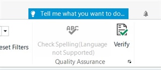 Trados Studio toolbar showing inactive 'Check Spelling' option with a warning 'Language not Supported' under Quality Assurance.