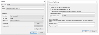 Screenshot of Trados Studio's 'Edit Rule' dialog box with segmentation hint set to 'Exclude' for the ph tag with outputclass 'break'.