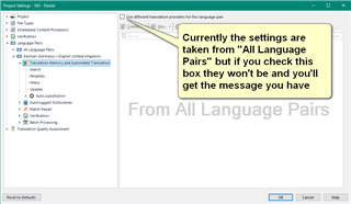 Trados Studio project settings window with a highlighted message about translation provider settings for language pairs.