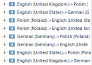 Screenshot of Trados Studio showing language pairs including English (United Kingdom) to Polish, English (United States) to German, Polish to English, German to Polish, and German to English.