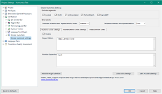Trados Studio plugin settings window for Simple Numcheck, showing options to ignore certain number and alphanumeric differences.