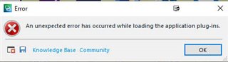 Close-up of an error dialog box in Trados Studio stating 'An unexpected error has occurred while loading the application plug-ins.' with options for Knowledge Base and Community.