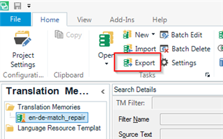 Trados Studio interface showing the Translation Memories tab with the Export option highlighted.