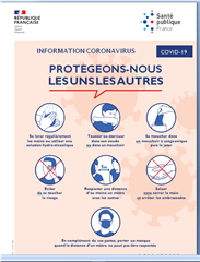 Screenshot of a French COVID-19 information poster with prevention measures such as regular hand washing, mask-wearing, and social distancing.