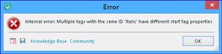 Error message in Trados Studio stating 'Internal error: Multiple tags with the same ID 'Table' have different start tag properties.' with options for Knowledge Base and Community.