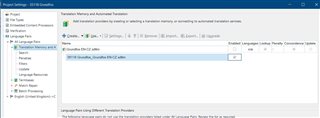 Screenshot of Trados Studio showing the 'Update' checkbox greyed out and unclickable, and the 'Enable' checkbox next to the first line also unclickable but not greyed out.