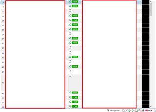 Trados Studio interface showing the right side of the screen with multiple black boxes, source and target areas are redacted for confidentiality.