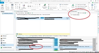 Screenshot of Trados Studio showing the term recognition pane open with a source term underlined in red, and the Term base search pane displaying 'No results available'.