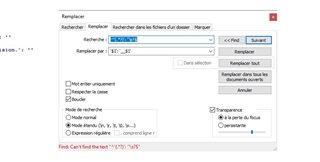 Trados Studio screenshot showing the 'FindReplace' dialog box with a regex search for 'b(w+)b' and an error message 'Find: Can't find the text 'b(w+)b''.