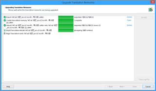 Screenshot of Trados Studio showing the 'Upgrade Translation Memories' window with a progress bar indicating 'Upgrading 800MB TM' at the 'Align Translation Model' step, processing 1,001 TUs per minute.