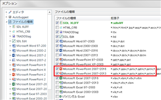 Screenshot of Trados Studio file type settings showing two Microsoft PowerPoint 2007-2013 file types with a red exclamation mark indicating an error or warning next to the second option.