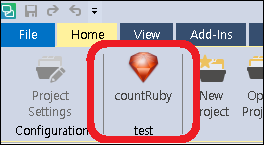 Trados Studio interface showing an unverified plugin called 'countRuby' with a warning icon in the Add-Ins tab.
