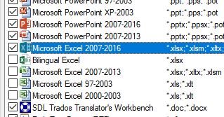 Screenshot of Trados Studio file type settings showing Microsoft Excel 2007-2016 and Bilingual Excel file types selected.