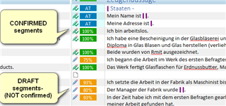 Screenshot of Trados Studio showing confirmed segments with green pencil and tick mark, and draft segments with a yellow pencil icon.