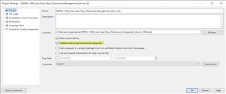 Trados Studio Project Settings window showing an error message 'Failed to prepare projects since segments.'