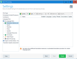 Trados Studio settings window with a warning message stating 'You have not set up translation memories or automated translation providers for certain language pairs.'