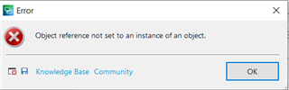 Error message dialog box in Trados Studio with a red 'X' icon, stating 'Object reference not set to an instance of an object.' with an 'OK' button and links to 'Knowledge Base' and 'Community'.