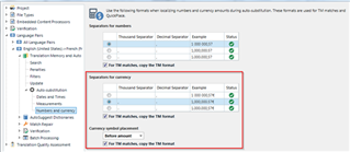 Auto-substitution settings in SDL Trados Studio showing the thousand separator for French language set to space.
