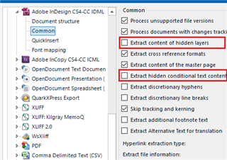 Trados Studio Project Settings window showing options under Adobe InDesign CS4-CC IDML with two options ticked: 'Extract hidden conditional text content' and 'Extract content of hidden layers'.