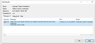 Trados Studio error message window showing 'Index was out of range. Must be non-negative and less than the size of the collection. Parameter name: index' during Generate Target Translations task.