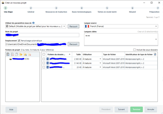 Trados Studio project creation window with French selected as source language and only English variants, French, and Italian available as target languages.