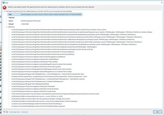 Detailed error log in Trados Studio showing multiple file paths and error codes indicating issues with saving the target content.