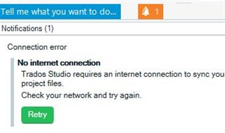 Trados Studio notification showing a connection error stating 'No internet connection. Trados Studio requires an internet connection to sync your project files. Check your network and try again.' with a 'Retry' button.