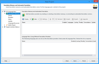 Screenshot of Trados Studio's New Project window, showing the Translation Memory and Automated Translation tab with no visible option for 'Prepare without project TM'.