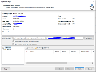 Trados Studio 'Open Package' dialog box showing package type as 'Project Package' with 1 file, 0 words translated, and 262 untranslated words. File list is empty, but word count is present.