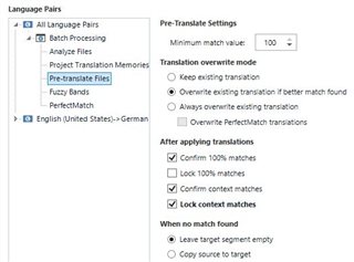 Trados Studio 2021 Pre-Translate Settings window with 'Lock 100% matches' option checked.