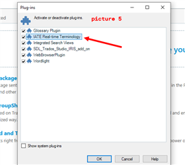 Trados Studio Plugins window with a red arrow pointing to the IATE Real-time Terminology plugin which is unchecked, indicating it is deactivated.