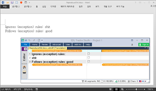 Word document with Trados Studio panel showing a segment with the text 'Ignores (exception) rules: shit' highlighted in orange, indicating a potential error.