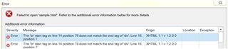 Error dialog in Trados Studio showing two errors related to HTML file parsing. First error indicates a missing end tag for 'br' on line 14. Second error is a duplicate of the first.