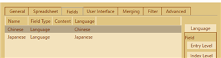 Settings tab in Trados Studio showing 'General' and 'Spreadsheet' with language options for 'Chinese' and 'Japanese'.