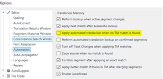 Screenshot of Trados Studio 2019 SR-2 CU 5 options menu with 'Apply automated translation when no TM match is found' unchecked.