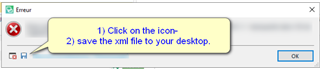 Error dialog box in Trados Studio with a red cross icon, showing instructions '1) Click on the icon- 2) save the xml file to your desktop.' with an OK button.