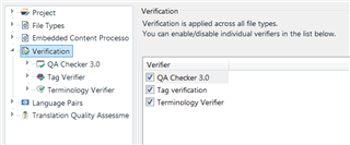 Trados Studio project settings window showing Verification tab with QA Checker 3.0, Tag Verifier, and Terminology Verifier options checked.