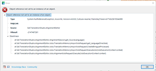 Error message in Trados Studio stating 'Object reference not set to an instance of an object' with details of the error stack trace visible.