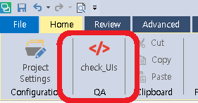 Trados Studio interface showing the Review tab with the 'check_Uls' QA checker highlighted.