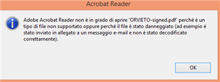 Error message in Adobe Acrobat Reader stating it cannot open a digitally signed PDF because the file type is not supported or the file has been damaged.