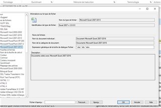 Trados Studio File Type Options window showing Microsoft Excel 2007-2019 version 2.0.0.0 selected with no visible errors or warnings.
