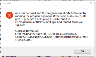 Error message in Trados Studio indicating a SuiteLoadException and a problem reading the Studio file at a specific file path. Instructions to generate a debug log and contact support are provided.